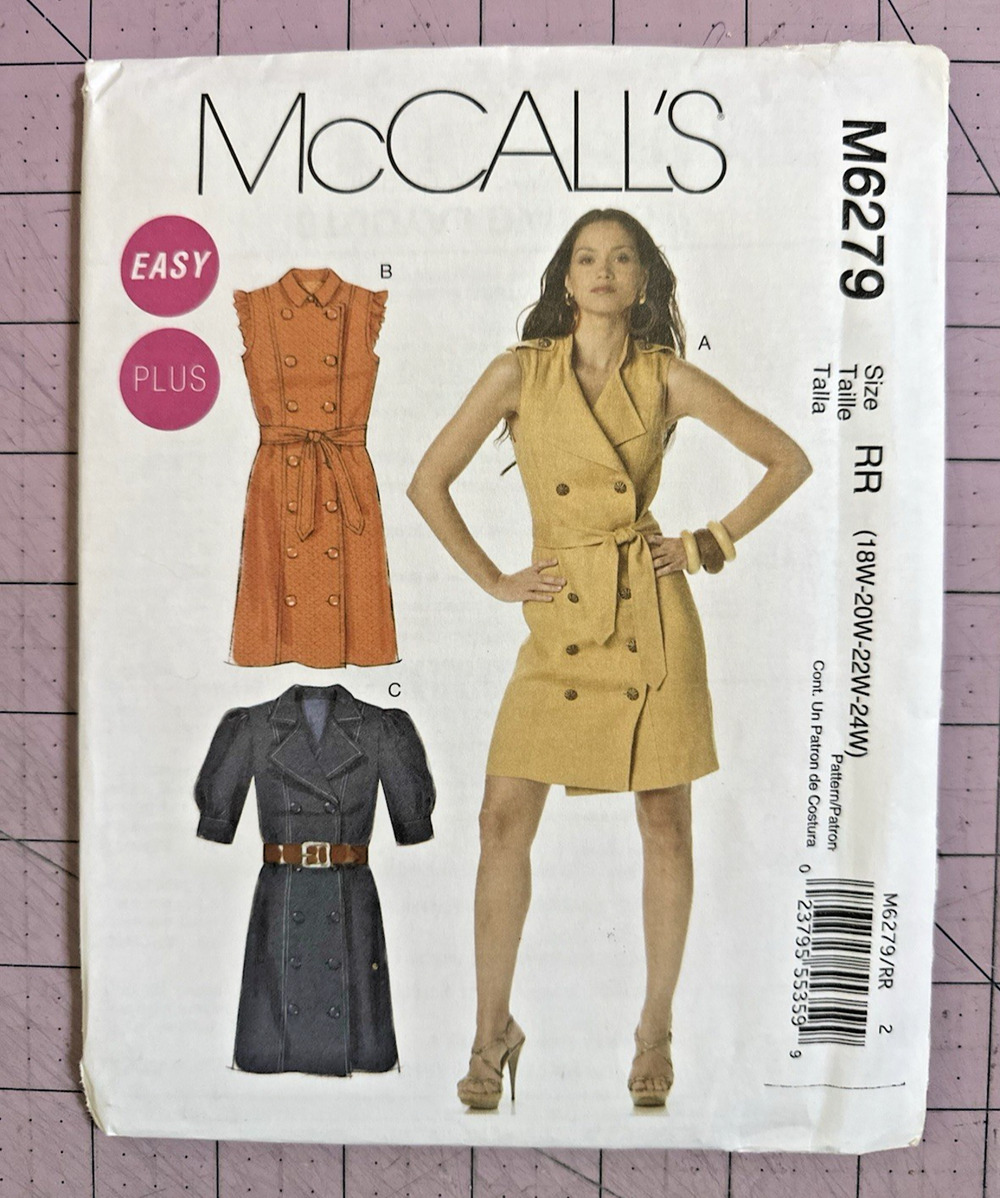McCalls 6279 Sewing Pattern Dress Double Breasted Buttons Belt 18W-24W UNCUT